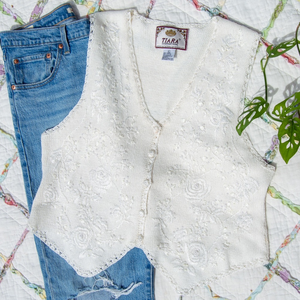 90s Vintage Embroidered & Beaded Sweater Vest - Picture 1 of 7